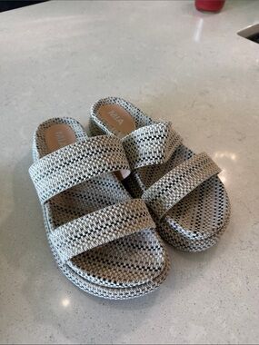MIA Woven Double-Strap Slide Sandals in Black and Cream